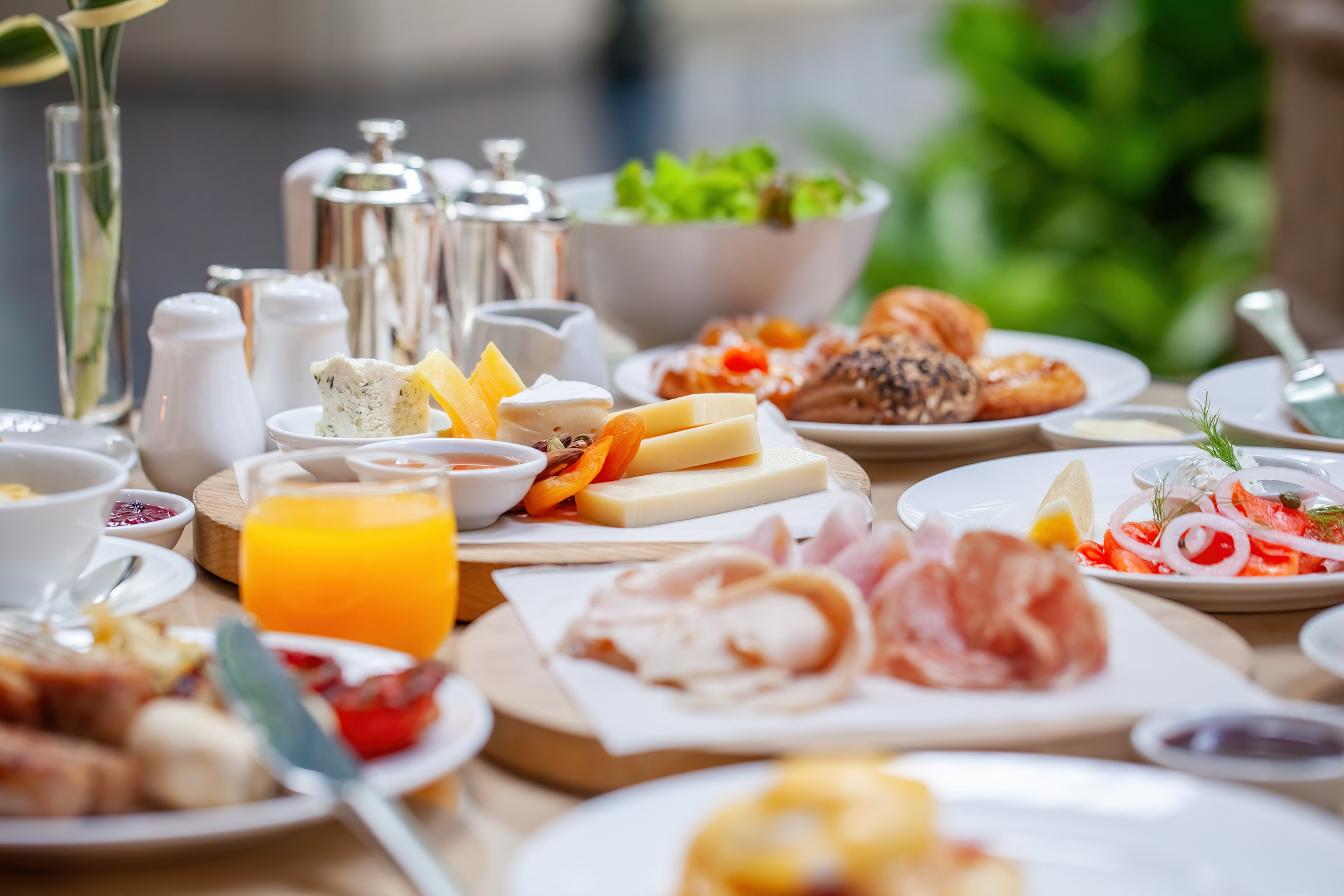 Breakfast spread with meats and cheeses